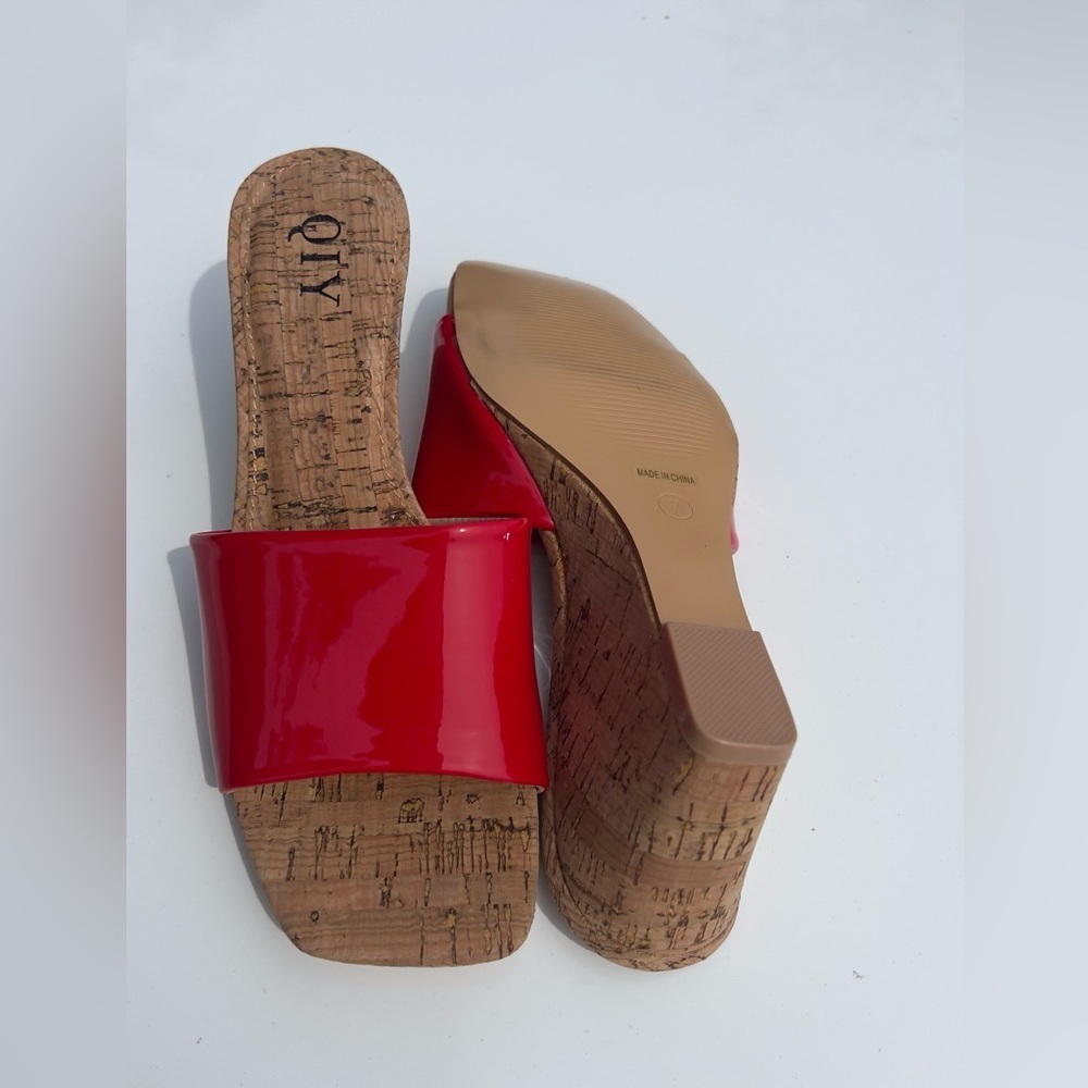 Glossy Red Patent Cork Wedge Slide - Women - Picture 4 of 8